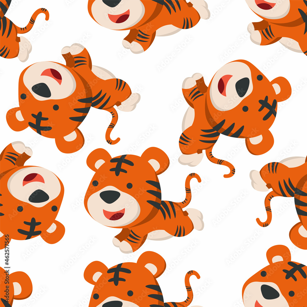 Fototapeta premium Seamless pattern of cute tiger running in the jungle. Creative vector childish background for fabric, textile, nursery wallpaper, poster, card, brochure. and other decoration.