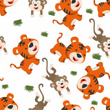 Seamless pattern of cute tiger and monkey in the jungle. Creative vector childish background for fabric, textile, nursery wallpaper, poster, card, brochure. and other decoration.