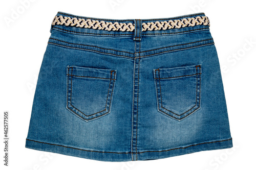 Jeans skirt. Close-up of sexy short blue jeans skirt with a elegant leather belt isolated on a white background. Clipping path. Denim fashion for girls. photo