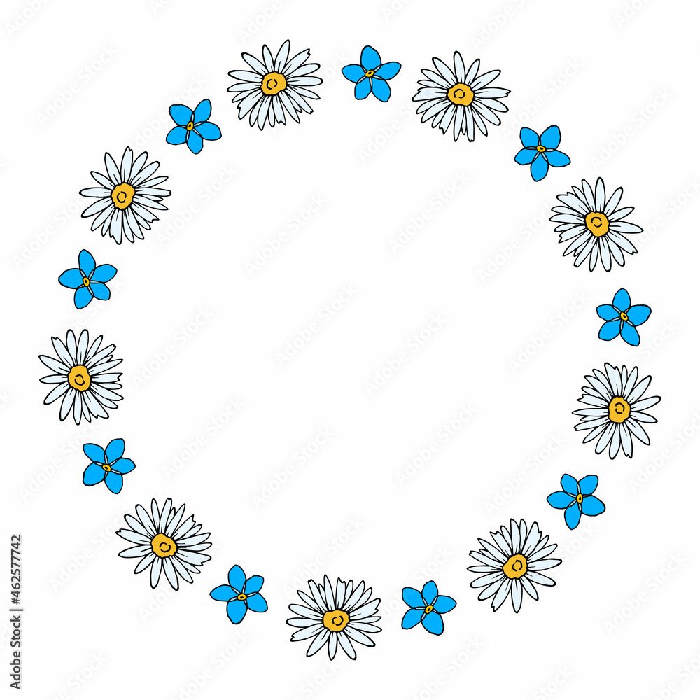 Round frame with great flowers forget-me-not and chamomile on white background. Vector image.