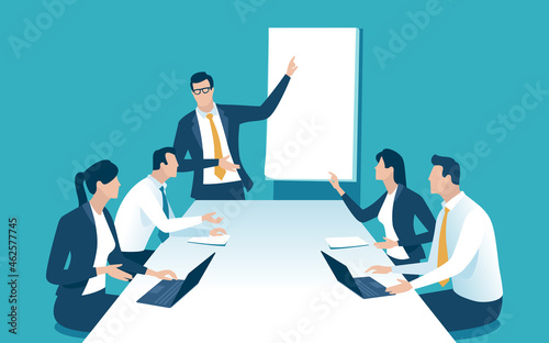 School, education, learning. Business illustration. The business team listens to the male teacher.