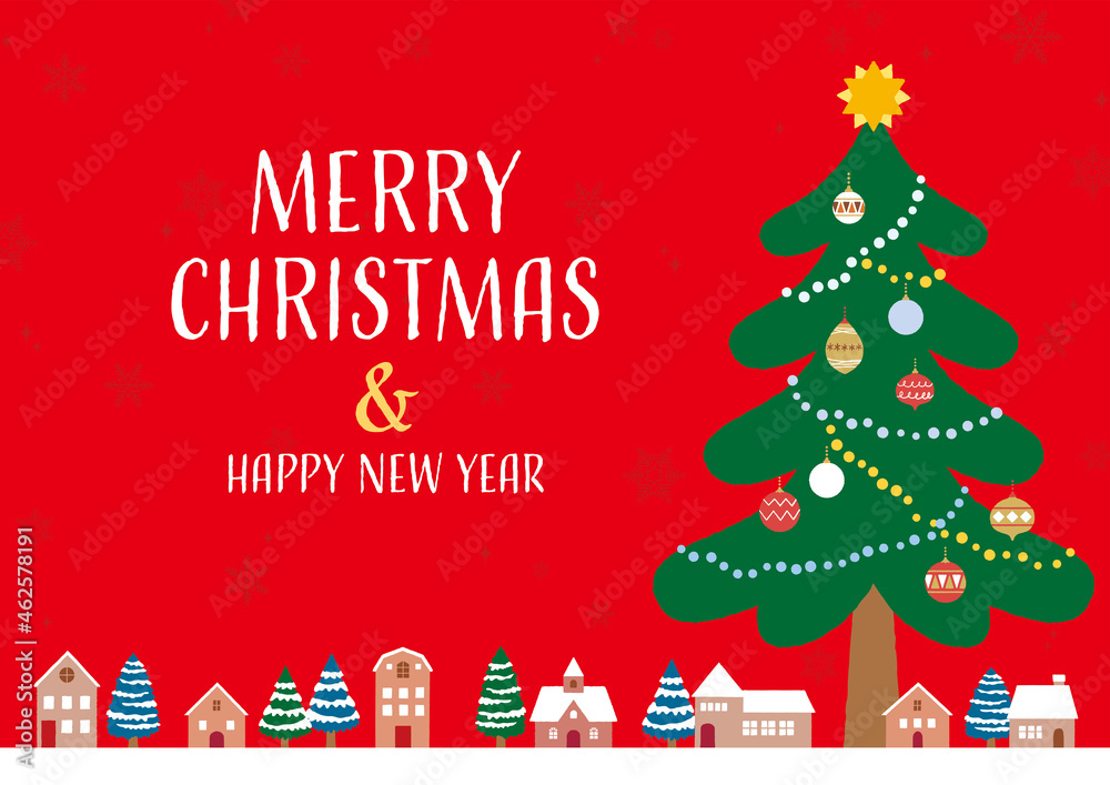 雪の街並みとクリスマスツリー 赤背景 横 文字あり Stock Vector Adobe Stock