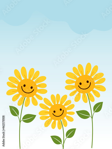 Smiling sunflower cartoons on blue sky background vector.