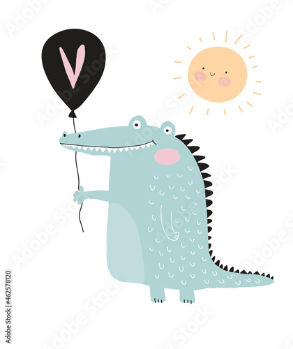 Simple Hand Drawn Vector Illustrations with Cute Light Blue Alligator. Infantile Style Nursery Vector Print for Wall Art, Poster, Card. Funny Crocodile with Black Balloon on a Beige Background.