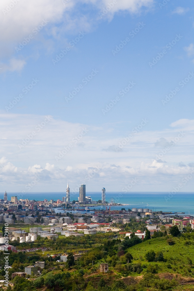 A picturesque top view of the city of Batumi and the Black Sea coast.