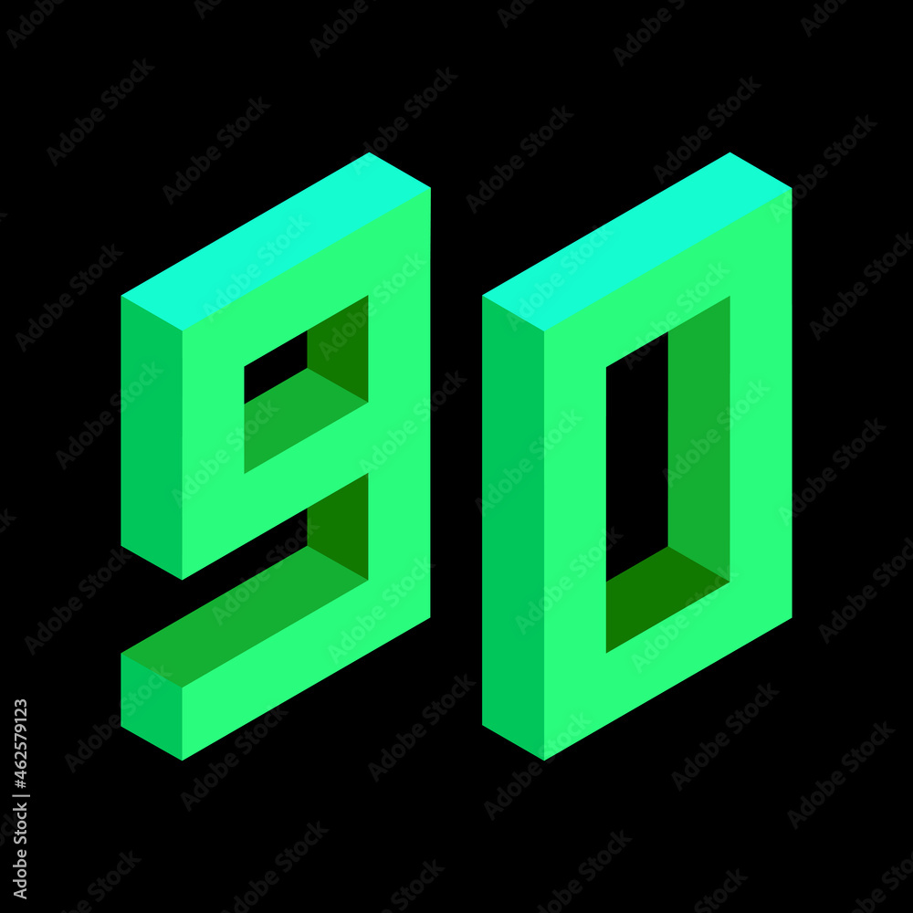 Light green number 90 in isometric style. Isolated on black background. Learning numbers, serial number, price, place. Light green number 90 in isometric style. Isolated on black background. Learning numbers, serial number, price, place.