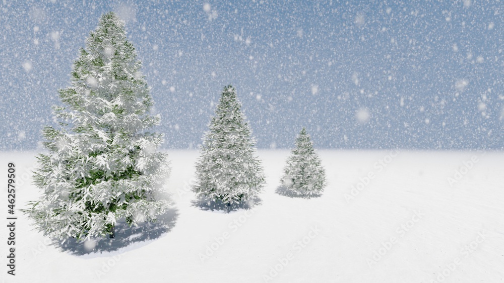 Christmas winter background snowflakes falling down on fir-trees 3d render