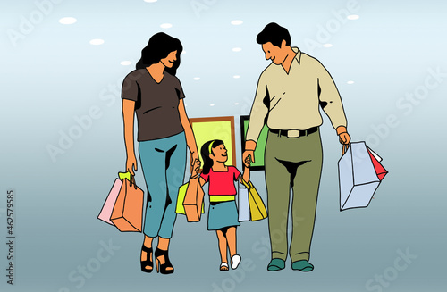 Happy family is shopping. Father, mother and daughter with packages and purchases Parents with their kid Flat Graphics
