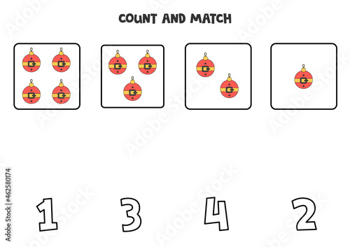 Counting game with Christmas balls. Math worksheet.