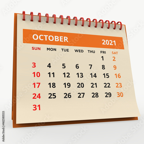 Business Desk Calendar October 2021 with the orange title.