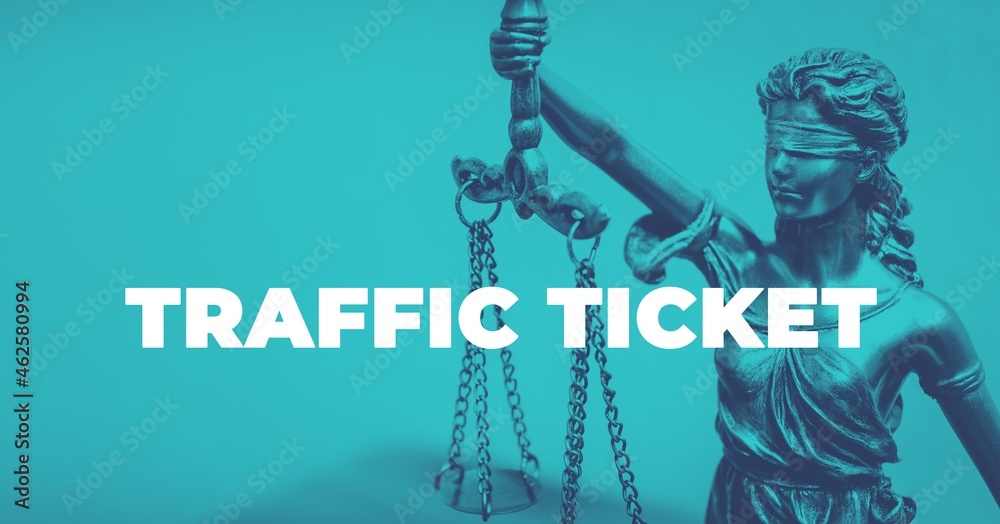 Naklejka premium Traffic Ticket. Close-up of a Lady Justice Statue. Duotone blue with white text. Law and lawyer symbol.