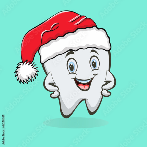 Cute funny cartoon tooth wearing Santa Claus hat. Vector concept of greeting New Year and Christmas for dental clinic with space for text.