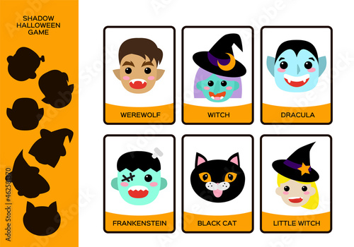 Halloween Worksheet. Set of Monsters. Witch, Little Witch, Werewolf, Black Cat, Dracula and Frankenstein. Education Shadow Game for Children. Happy Halloween game.