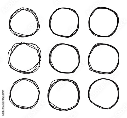 Black doodle sketched circles collection. Grunge round shape set. Hand drawn scribble rings. Isolated design elements. Jpeg