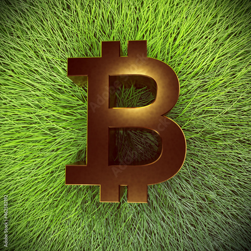 3d render illustration. Bitcoin lies on the green grass, ecology Pure Bitcoin mining. photo