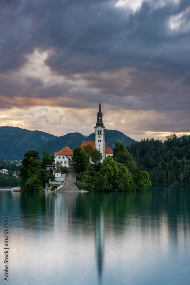 Famous Church on Bled Lake at Sunrise in Slovenia