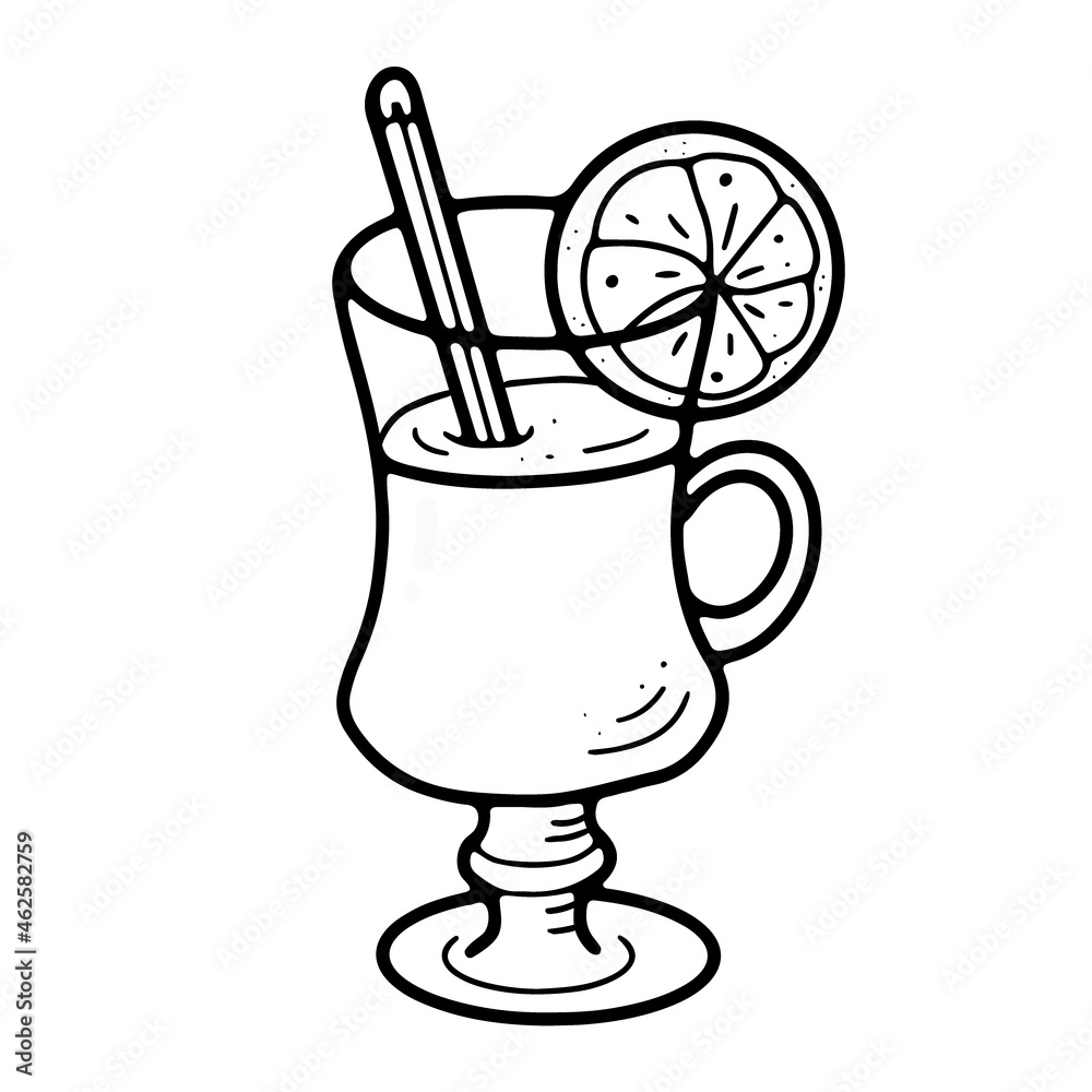 Glass goblet with mulled wine, cinnamon stick and orange Glass goblet with mulled wine, cinnamon stick and orange