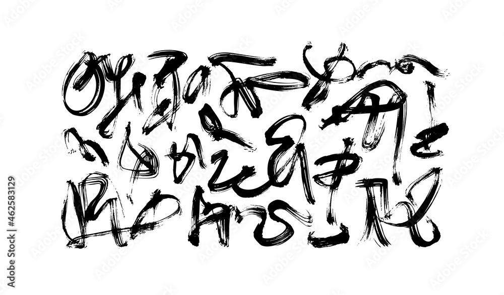 Hand drawn black dry brushstrokes vector set. Imitation of Chinese characters. Curved and scrawled black paint brushstrokes. Grunge smears collection with wavy, doodle, freehand lines. Abstract doodle