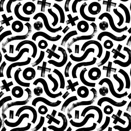 Geometric vector seamless pattern in Memphis style with crosses, circles and wavy lines. Grunge brush strokes, bold shapes. Hand drawn ink illustration. Hipster black paint geometric background. 
