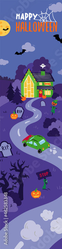 scary house in nature decorated for 
halloween, the car is driving home on a scary road