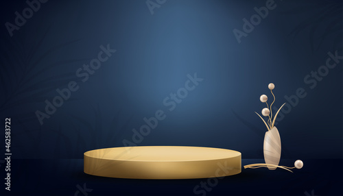 Studio room with cylinder podium and gold balls in vase on dark blue backgound,Gallery room with stand and palm leaves on wall.Vector 3D minimal design use for backdrop shooting for products 