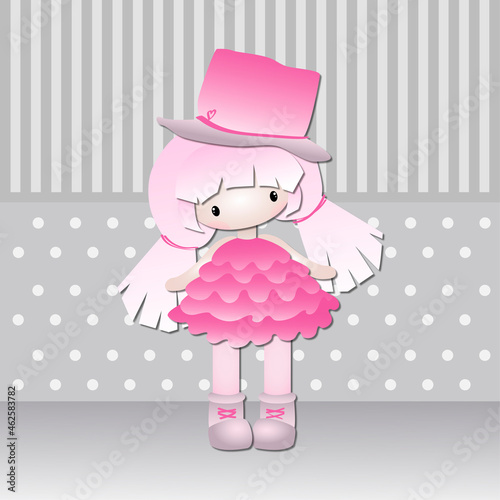 A cute doll in a pink dress. Simple flat paper style. Vector illustration