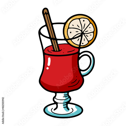 Glass goblet with mulled wine, cinnamon stick and orange