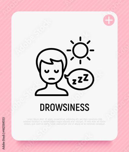 Drowsiness thin line icon. Abnormal sleepiness during the day. Illness symptom. Modern vector illustration.