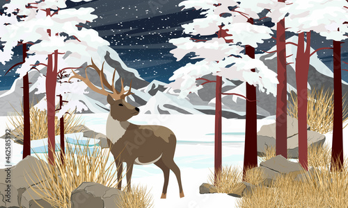 Reindeer with antlers stands in the Mountain valley in winter at night. Large stones, dry grass and tall pine trees covered with snow. Realistic vector landscape