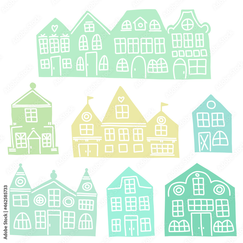 Vector set of houses in cute style. Different bright colors and shapes cabins isolated on a white background.
