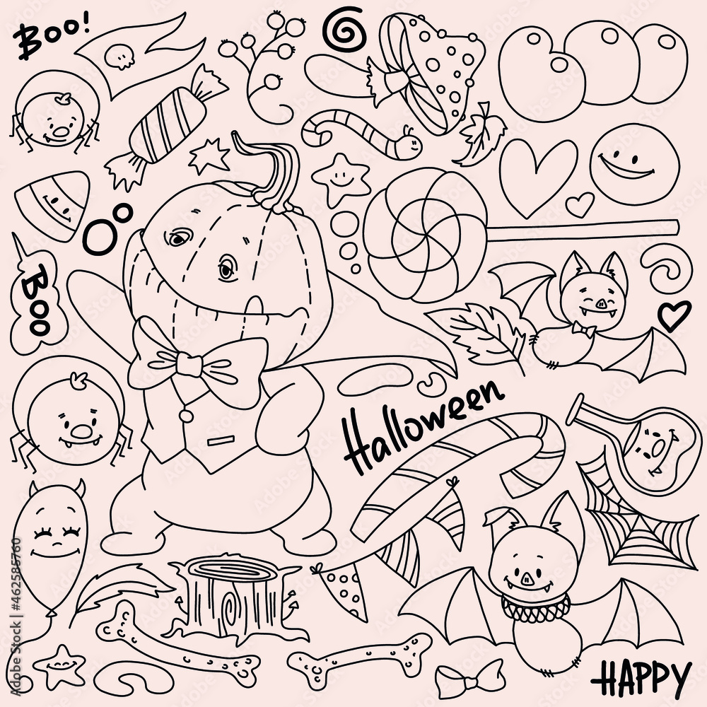 Set of graphic vector hand-drawn Halloween elements. Mister Pumpkin, bats, text, lollypops, stars, spiders.