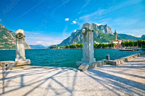 Town of Lecco on Como Lake waterfront and church view
