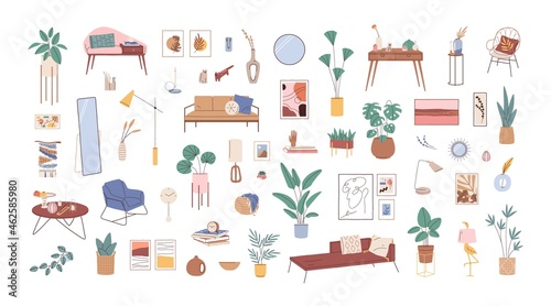 Modern interior decor set. Retro furniture, potted house plants, lamps, mirrors, home pictures, books, clocks, sofas and armchairs. Colored flat vector illustration isolated on white background