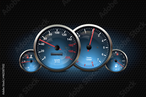 Speed movement vector abstract technological background with racing speedometer. Fast car race, sport drive illustration, car dashboard.