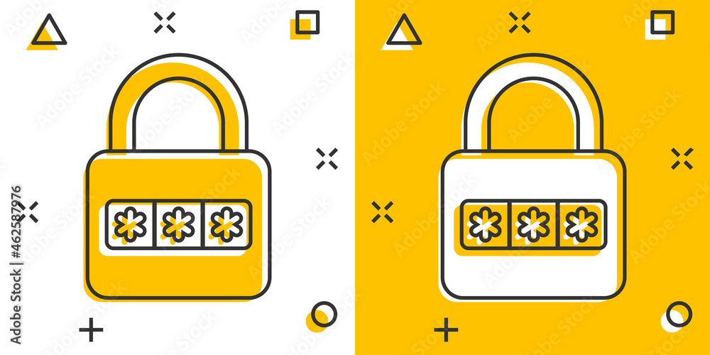 Login icon in comic style. Password access cartoon vector illustration on white isolated background. Padlock entry splash effect business concept. Login icon in comic style. Password access cartoon vector illustration on white isolated background. Padlock entry splash effect business concept.