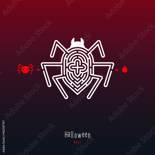 Abstract maze spider. Game for children and parents. Puzzle for kids. Labyrinth conundrum. Flat vector illustration isolated on dark red background. One Entrance, One Exit. Cartoon style.