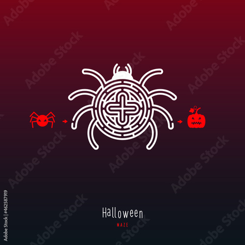 Abstract maze spider. Game for children and parents. Puzzle for kids. Labyrinth conundrum. Flat vector illustration isolated on dark red background. One Entrance, One Exit. Cartoon style.
