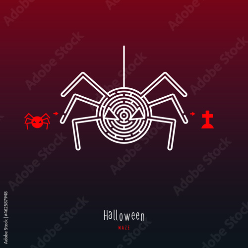 Abstract maze spider. Game for children and parents. Puzzle for kids. Labyrinth conundrum. Flat vector illustration isolated on dark red background. One Entrance, One Exit. Cartoon style.