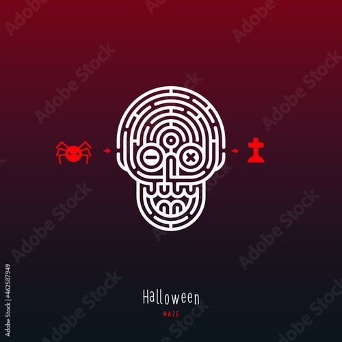 Abstract maze scull. Game for children and parents. Puzzle for kids. Labyrinth conundrum. Flat vector illustration isolated on dark red background. One Entrance, One Exit. Cartoon style.