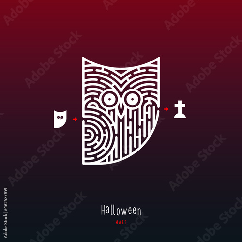 Abstract maze owl. Game for children and parents. Puzzle for kids. Labyrinth conundrum. Flat vector illustration isolated on dark red background. One Entrance, One Exit. Cartoon style.