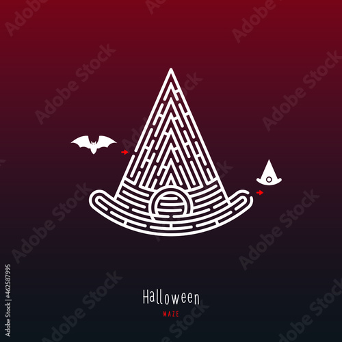 Abstract maze hat. Game for children and parents. Puzzle for kids. Labyrinth conundrum. Flat vector illustration isolated on dark red background. One Entrance, One Exit. Cartoon style.