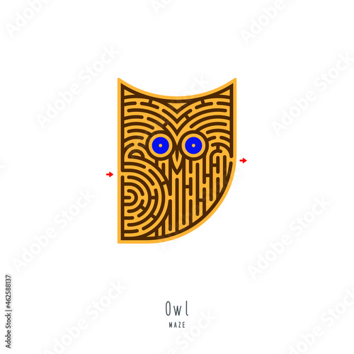 Abstract maze owl. Game for children and parents. Puzzle for kids. Labyrinth conundrum. Flat vector illustration isolated on white background. One Entrance, One Exit. Cartoon style.