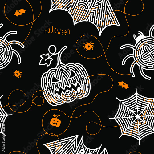 Seamless pattern for print, background. Games and puzzles for the halloween holiday. Labyrinth conundrum. Flat vector illustration isolated on black background. One Entrance, One Exit. Cartoon style.