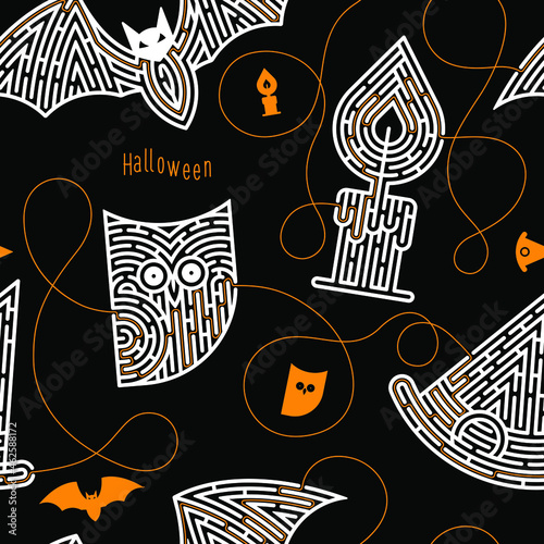 Seamless pattern for print, background. Games and puzzles for the halloween holiday. Labyrinth conundrum. Flat vector illustration isolated on black background. One Entrance, One Exit. Cartoon style.