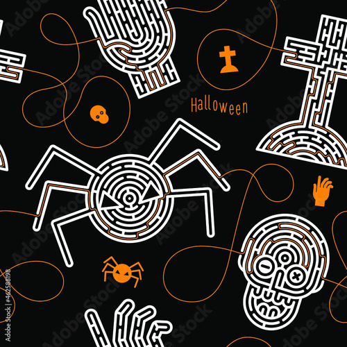 Seamless pattern for print, background. Games and puzzles for the halloween holiday. Labyrinth conundrum. Flat vector illustration isolated on black background. One Entrance, One Exit. Cartoon style.