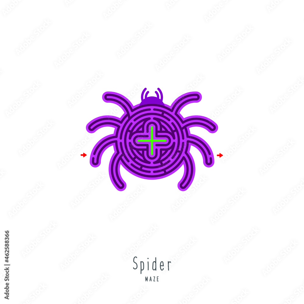 Abstract maze spider. Game for children and parents. Puzzle for kids. Labyrinth conundrum. Flat vector illustration isolated on white background. One Entrance, One Exit. Cartoon style. Abstract maze spider. Game for children and parents. Puzzle for kids. Labyrinth conundrum. Flat vector illustration isolated on white background. One Entrance, One Exit. Cartoon style.