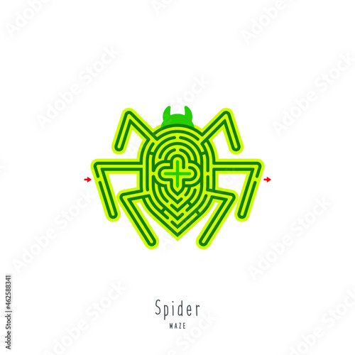 Abstract maze spider. Game for children and parents. Puzzle for kids. Labyrinth conundrum. Flat vector illustration isolated on white background. One Entrance, One Exit. Cartoon style.