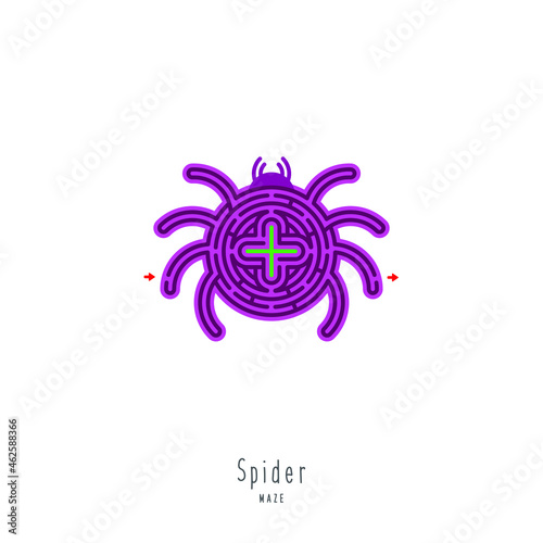 Abstract maze spider. Game for children and parents. Puzzle for kids. Labyrinth conundrum. Flat vector illustration isolated on white background. One Entrance, One Exit. Cartoon style.