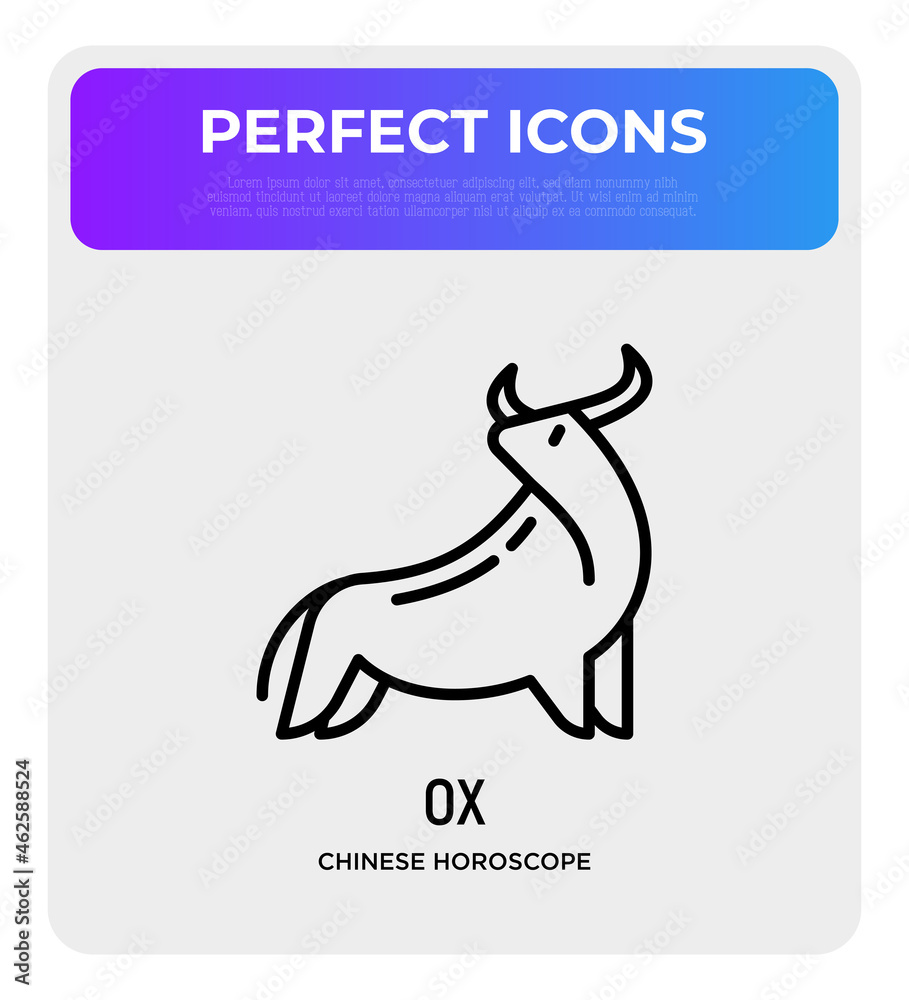 Cartoon ox thin line icon. Modern vector illustration for Chinese horoscope.