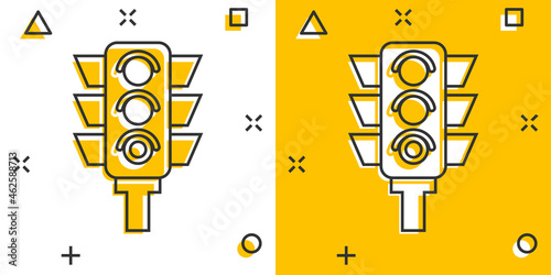 Semaphore icon in comic style. Traffic light cartoon vector illustration on white isolated background. Crossroads splash effect business concept.